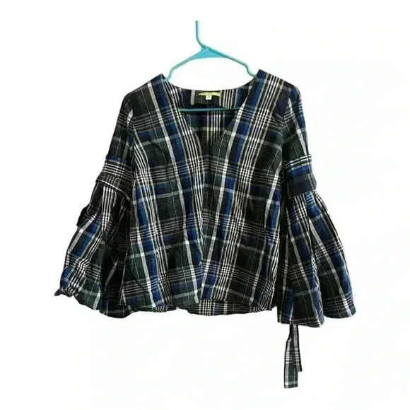 GIANNI BINI Serena Blouse Blue Checkered Bell Sleeves Sz XS NEW - Picture 3 of 8